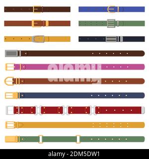 Leather strapping belts. Leathern belt with metal buckle, elegant fashion strap elements. Leather clothes accessories vector illustration set Stock Vector