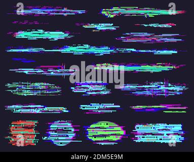 Glitch error elements. Digital pixel noise abstract frames, technical glitch problems. Computer screen error element vector illustration set Stock Vector