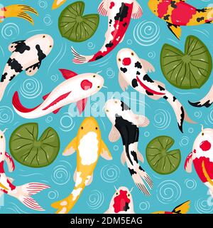 Koi fish pattern. Oriental koi colorful floating carps backdrop, chinese goldfish. Asian traditional carp fish vector background illustration Stock Vector