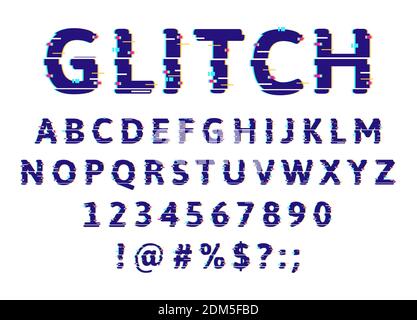 Glitch damage alphabet. Error pixel noise abs font, technical glitch problems letters and numbers. Damaged effect font vector illustration set Stock Vector