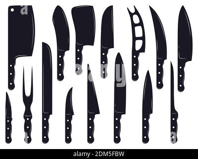 Meat knives. Butcher shop meat knives, boning, cleaver, filleting and chop knives. Vintage cutting meat knives silhouettes vector illustration set Stock Vector