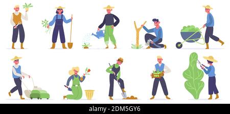 Gardening characters. Farm workers, gardeners planting, watering and gathering agriculture plants and greens. Gardener work vector illustrations Stock Vector