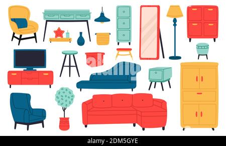 Home furniture. Living room interior sofa, armchair, lamp, bookcase, tv, cabinet and coffee table. Domestic room furniture vector illustration set Stock Vector