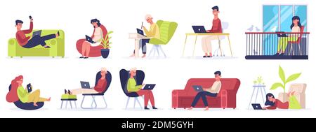 Freelance workers. People working on laptops and computers from home, comfortable freelance workplace. Self employed vector illustration set Stock Vector