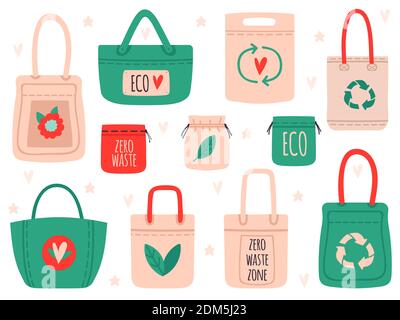 Reusable bags. Fabric recycling symbol shopping bags, zero waste hand drawn ecology shoppers. Eco friendly tote bags vector illustration set Stock Vector