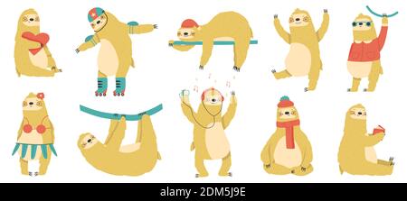 Funny sloths. Cute hand drawn lazy animals, funny tropical mammals, adorable sloth mascots vector illustration set. Jungle rainforest sloths Stock Vector