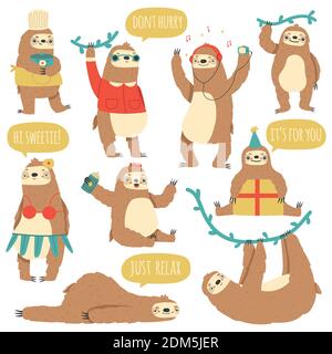 Hanging sloths. Wild tropical animal characters, funny lazy rainforest sloths vector illustration set. Cute hand drawn sloths Stock Vector
