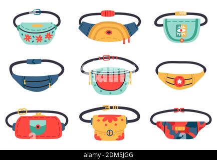 Belt bags. Vintage waist bags, banana shaped 90s accessory, hand drawn trendy colorful waist bag. Retro fashion pouch vector illustration set Stock Vector