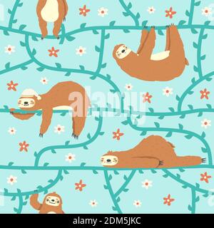 Cute sloths pattern. Lazy tropical sloths hanging on tree, jungle animal characters vector background illustration. Funny rainforest animals Stock Vector