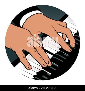 Male hands play piano keys. Close view. The composer performs classical music. Vector illustration in retro pop art style. Stock Vector