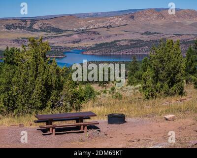 View of the reservoir from campsite 22, Firefighters Memorial Campground, Flaming Gorge National Recreation Area near Dutch John, Utah. Stock Photo