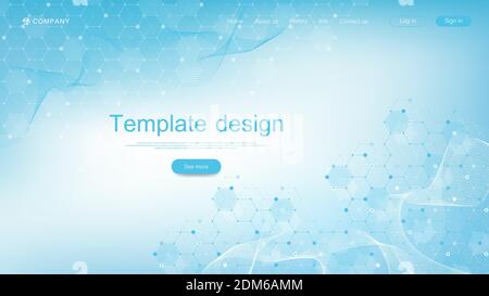 Medical landing page template design. Abstract health care banner template. Asbtract scientific background with hexagons. Innovation pattern. Vector Stock Vector