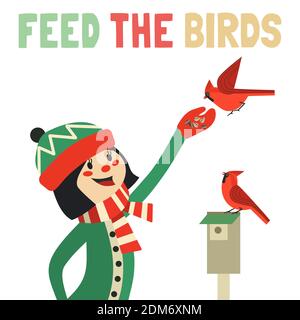Bird-Feeding flat vector poster Stock Vector