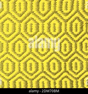 Bright IlluminatingYellow and Gray Wool Rug Carpet Texture Background. Concept of Color of the Year 2021 with bright illuminating yellow and gray colours. Top view, flat lay, copy space. Stock Photo