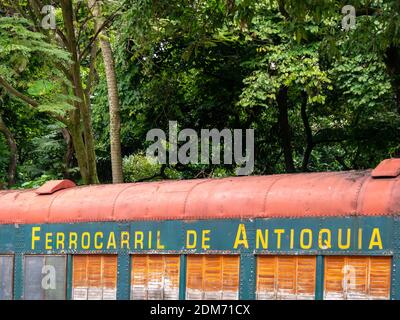 MEDELLIN, COLOMBIA - Dec 03, 2020: Medellin, Antioquia, Colombia - December 2 2020: Old Train Car Reused with the Name of “Railroad of Antioquia“ in a Stock Photo