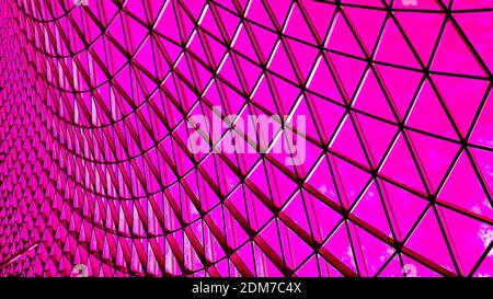 Full frame background from a geometric shaped steel glass rooftop dome. The ceiling is located in Changi airport, Singapore, here in pink purple red Stock Photo