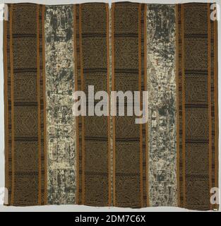 Textile, Medium: cotton or hemp, silk, gilt paper Technique: tied resist patterning in warp (ikat), Two panels stitched together in a design of vertical bands of warp ikat in dark brown reserved in cream, separated by thin stripes of red and orange, and two wide vertical bands of embroidery in white and orange silks with a little blue and yellow. Some of the small motifs are couched in linen wound with gilded paper. Embroidery design shows tall unidentifiable figures, scattered with several small bird symbols and curving cone-like forms. Abstract, angular and sinuous ikat designs Stock Photo