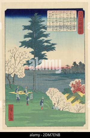 Cherry Blossom Viewing, Ando Hiroshige, Japanese, 1797–1858, Woodblock print in colored ink on paper, A springtime print shows brilliant cherry blossoms and various people enjoying nature. Some elders sit on a yellow blanket, others taking a stroll. A tall pine tree divides the landscape vertically as everything else shrinks in comparison., Japan, 1797-1858, landscapes, Print Stock Photo