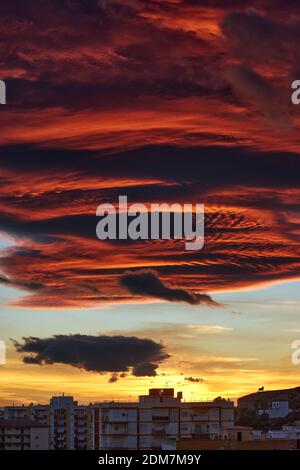A vertical shot of a column of orange dark clouds over city buildings Stock Photo