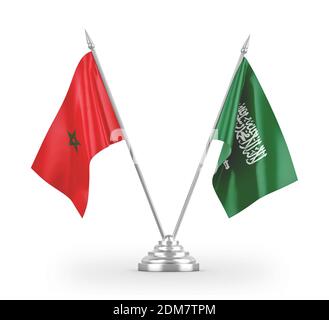 Saudi Arabia and Morocco table flags isolated on white 3D rendering Stock Photo