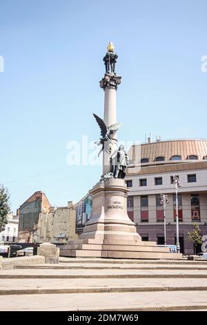 Adam Mickiewicz Monument in Lviv, Ukraine. Lviv is a city in western Ukraine - Capital of historical region of Galicia. City center is on the UNESCO W Stock Photo