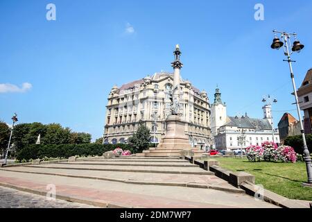 Adam Mickiewicz Monument in Lviv, Ukraine. Lviv is a city in western Ukraine - Capital of historical region of Galicia. City center is on the UNESCO W Stock Photo