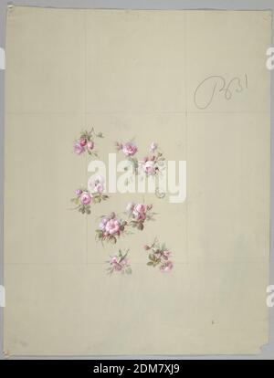Designs for Wallpaper and Textiles: Flowers, Brush and gouache, graphite on cream paper, Seven varying clusters consisting of pink roses, rosebuds, stems and foliage, not evenly spaced. Vertically rectangular guidelines in graphite visible., France, 19th century, wallpaper designs, Drawing Stock Photo