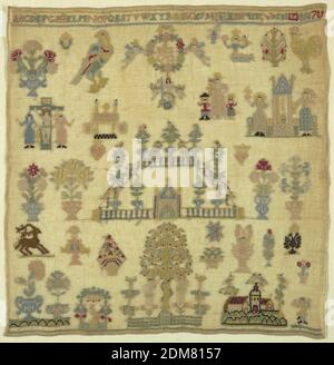 Sampler, Medium: linen, silk Technique: embroidered, Signed 'D. E. S. 1753.' Varying secular and religious figures., Germany, 1753, embroidery & stitching, Sampler Stock Photo