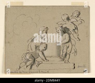 Design for a Painting, Five Putti, Jacob de Wit, 1695 – 1754, Black chalk, pen and ink, brush and gray watercolor, brush and white gouache on brown paper, mounted, Three surround the fragment of a column, two fly. Framing chalk line., Netherlands, 1725–1754, Drawing Stock Photo