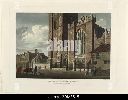 West Front of Saint Patrick's Cathedral, James Malton, English, 1761 - 1803, Aquatint, brush and watercolor on paper, Corner of Cross Poddle Street (indicated by sign, right) with the cathedral entrance nearby. Figures and animals in the street. Below, title, artist's and publisher's names and the date., England, 1793, Print Stock Photo