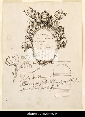 Frame for papal inscription, Giuseppe Barberi, Italian, 1746–1809, Pen and brown ink on off-white laid paper, lined, Above: an escutcheon framed by flower stems and above by the crossed papal keys. On top the tiara. Below, at left: a sketch for a flower stem. At right: section of the staircase of a terrace with a square in which the artist wrote the first word of the caption: 'Lapide da Collocarsi in/ Albano nella Villa di Suo E[ccellen]za il P[rinci]pe D[on]/ Emilio Altieri per il Papa'., Rome, Italy, 1780–1800, architecture, Drawing Stock Photo