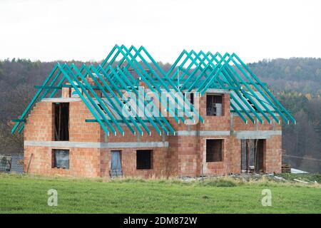 Roof is under construction, unfinished house Stock Photo