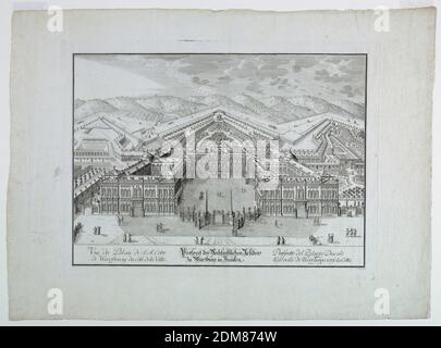 Aerial View of the Residenz at Würzburg, Germany, J.O. Berndt, 1736 - 1787, Engraving on paper, An aerial view of the royal palace at Würzburg, as seen from the town. Gardens and dependencies in the background., Germany, ca. 1770-1790, Print Stock Photo