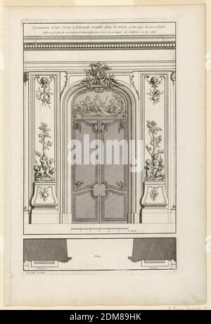 Plate 6, 'Decoration d'une Portal double à placards, traittée dans la même gout...', Jacques-François Blondel, French, 1705 - 1774, Jean Mariette, 1660–1742, Engraving on paper, A double door decorated with rocaille carvings. Above semi-circular overdoor with a putti painting. Above it, extending the frame carving, a trophy of game. Below profile. Inscribed along upper margin: 'Decoration d'une Porte à placards, traittée dans le meme gout que la precedent / Celle cy est placée au milieu de deux pilasters, ornés de groupes de sculptures en bas relief'; lower left: 'Mariette excudit' Stock Photo