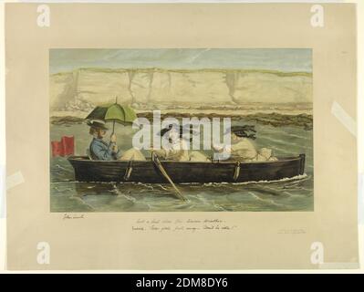 Not a Bad Idea for Warm Weater (Proof), John Leech, English, 1817 - 1864, Thomas Agnew and Sons Ltd., English, founded 1835, Chromolithograph on paper, mounted on heavy paper, Two girls rowing a rowboat, while a young man in the stern sits under a green umbrella. Sand bluffs beyond. Title and comment, artist's and publisher's names and date below., London, England, Paris, France, 1865, Chromolithograph, Chromolithograph Stock Photo