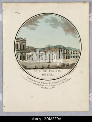The Palais Royal, Plate 32 of Vues Pittoresques de Principaux édifices de Paris, J. A. Campion, French, active 1750 - 1800, Jean Testard, French, b. ca. 1740, Les Campion Frères, Paris, France, Engraving, brush and watercolor on paper, View of the Palais Royal from the left front ,across the street. A carriage and people in the street. Title, artists' and publisher's (and architect's) names below., Paris, France, 1742, Print Stock Photo