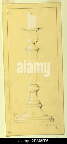 Design for a Candlestick, George E Germer, 1868 – 1936, Graphite, black crayon, brush and white gouache on cream paper, Stumps of candles are shown. The design framed by lines at left, above and partially at right. Height indicated is 9 5/8'., USA, ca. 1933, Drawing Stock Photo