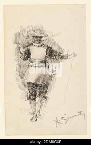 A Soldier in Seventeenth-Century Attire, Attilio Simonetti, Italian, 1843 - 1925, Pen and ink on paper, He is shown from the front carrying a gun upon his right shoulder, and a stick in his left hand., Italy, 1860–1890, Drawing Stock Photo