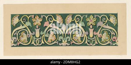 Decorative panel for July Festival, Félix-Jacques Duban, French, 1798 - 1870, watercolor, gouache, brush & black ink, graphite on tan paper mounted on off-white laid paper, Design for panel ornamented with densely curving floral vine with pink, green, blue, and yellow floral motifs on a dark green ground., 1835, architecture, Drawing Stock Photo