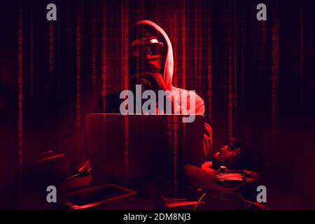 portrait of hacker with mask and binary code background Stock Photo - Alamy