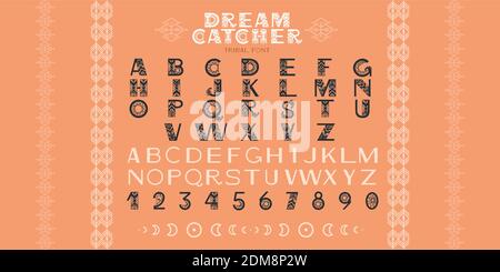 Tribal Alphabet. Letters, numbers and symbols in geometric ethnic style . Vector font illustration Stock Vector
