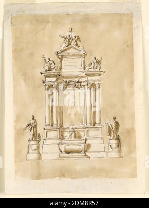Design for a Main Altar, Giuseppe Barberi, Italian, 1746–1809, Pen and brown ink, brush and brown wash on lined off-white laid paper, In the center of the retable is a picture, probably of the ascending Virgin. On top of it and in front of the entablature are two angels supporting a wreath. On either side are two projecting columns. Above the entablature are laterally statues of sitting women supporting a medallion. The left one is supporting also a cross. In the center is a tablet with an inscription and on to p a triangular pediment with above two kneeling angels beside a cross. Stock Photo