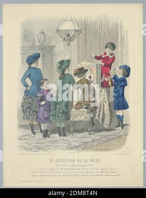 Fashion Plate from Le Moniteur de la Mode, E. Gailland, French, active 19th c., Jules David, French, 1808 - 1892, Abel Goubaud et Fils, French, active 19th c., Engraving, brush and watercolor on paper, Six children playing with a puppet theater 'Opera Comique' before a curtain. Artists' and publisher's names and date below. Description on verso., England, 1883, Print Stock Photo