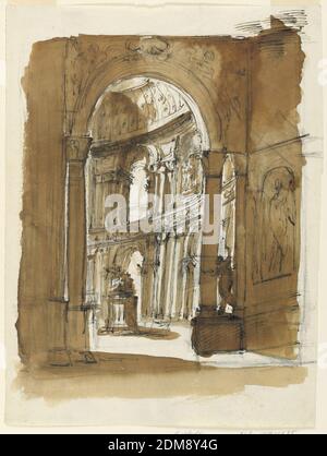 Stage Design of a Church, Giuseppe Barberi, Italian, 1746–1809, Pen and brown ink, brush and brown wash, black chalk on off-white laid paper, View through arch into a monumental circular building with open skylight, monument in the middle., Italy, early 19th century, theater, Drawing Stock Photo