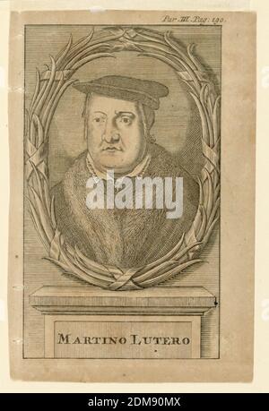 Portrait of Martin Luther (1483-1546), Engraving on paper, Bust-length portrait in frontal view. Luther is wearing a hat and a coat with a fur collar. The portrait is in an oval frame composed of palm leaves and tied with ribbons. It stands on a small inscribed pedestal., Italy, ca. 1725-1750, Print Stock Photo