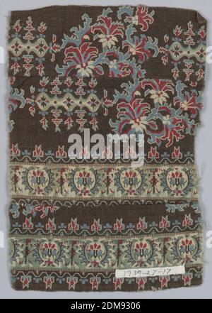 Fragment, Medium: cotton Technique: printed, Fragment with conventionalized floral ornament on a brown ground with border; in red, blue, green and white., England or USA, ca. 1850, printed, dyed & painted textiles, Fragment Stock Photo