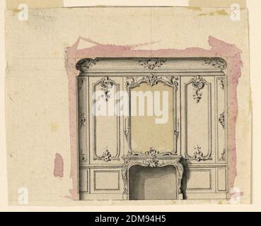 Design for a fireplace, Pen and Chinese ink, brush and washes of purple and light brownish watercolors, A mirror with candle brackets forms the overmantel., France, 1760, Drawing Stock Photo
