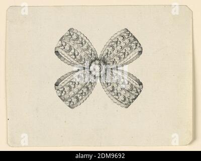 Design for a Brooch. Jewelry design for a brooch. Design takes shape of a  knot, the ribbons of which are patterned with blossoms and spheres,  accented by a central rosette form, à