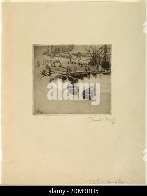 Landing Place, Leghorn, Joseph Pennell, American, active England, 1857–1926, Etching in black ink on paper, Curbed quay with small boats tied up. Foreground area left unfinished. Steps and many figures in the distance., USA, 1883, architecture, Print Stock Photo