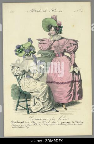 Fashion Plate from Le Mercure des Salons, Modes de Paris, Wood engraving, brush and watercolor on paper, Two women in walking dresses. One st anding right ink pink; the other sitting, facing left, in a white dress and green bonnet. Title above and below., Paris, France, 1830, Print Stock Photo